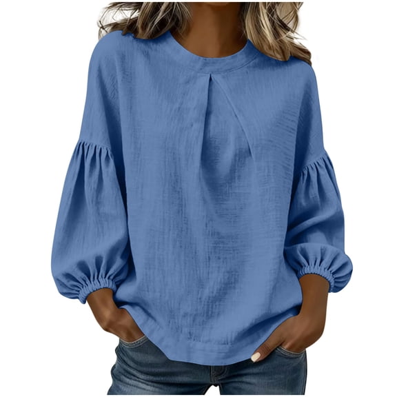 Womens Puff Long Sleeve T Shirt Pleated Linen Crew Neck Shirts Solid Color Summer Shirt Cotton Tops for Women