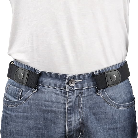 Men's No Buckle Elastic Belt, 1.38 Inch Wide Stretch Buckle Free Belt for Jeans Pants, Comfortable Invisible Web Belt with Leather Ends for Everyday Wear