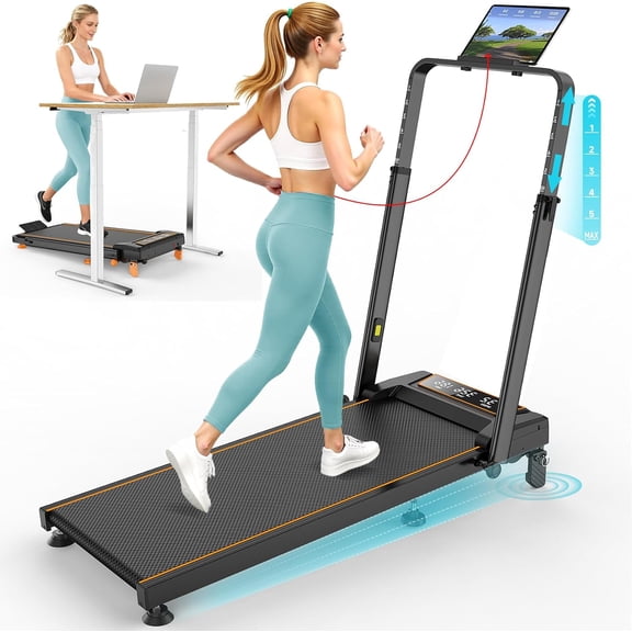 Folding Treadmill with 12% Incline and Adjustable Handlebar, Portable Walking Pad Under Desk Treadmill with 3.5HP Quiet Motor, APP Control, LED Display & Shock Absorption for Home Office Workout