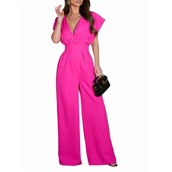 Women'S Elegant Autumn Long Sleeve Solid Color Waist Loose Wide Leg Jumpsuit for Various Occasions Rose Red S
