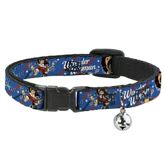 DC Comics Breakaway Cat Collar With Bell, Plastic Clip, Easy Adjustable, Wonder Woman Bombshell Pose Blue Red White, 8.5 to 12 Inches 0.5 Inch Wide