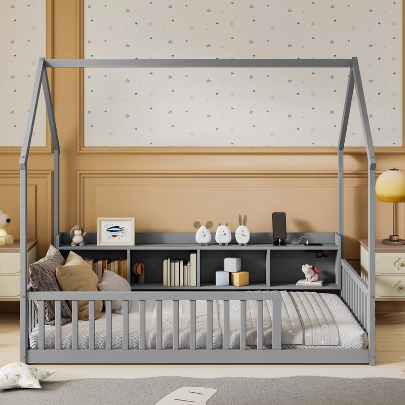 Twin Size House-Shaped Canopy Bed with Roof, Wood Kid's Floor Bed Frame with Storage Shelves, LED Lights & Charging Station