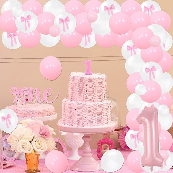 Pink Bow 1st Birthday Party Decorations Pink Bow Balloon Arch Kit Bowknot Happy Birthday Banner Photo Banner Cake Topper Cupcake Topper High Chair Banner for Girls First Birthday Party Supplies