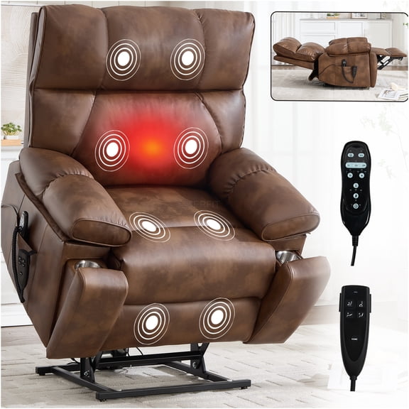 JERFIT Large Power Lift Recliner Chair with Heat and Massage, Dual Motor Infinite Position Reclining, Faux Leather, Side Pockets and Cup Holders for Elderly
