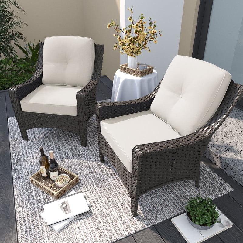 GAZEBETER 2-Pack Patio Chairs,PE Rattan Chairs with Thick Cushions,All-Weather Waterproof Outdoor Furniture Single Chairs for Porch,Poolside or Backyard (Beige)