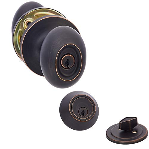 Exterior Door Knob With Lock and Deadbolt, Oval Egg, Oil