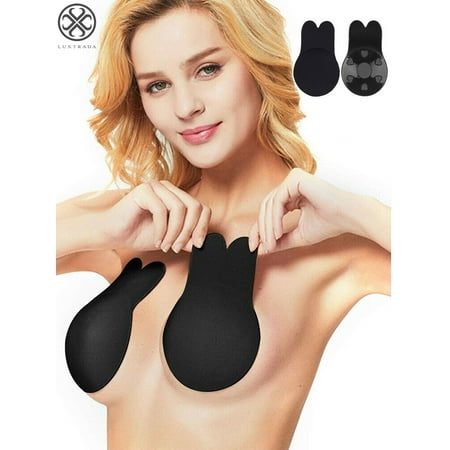 Luxtrada Women Adhesive Lift Invisible Bra Backless Nipplecovers Push Up Bra Strapless Sticky Rabbit Ear  Black  E Cup