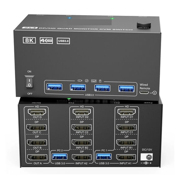KVM Switch 4 Monitors 2 Computers, 4K144Hz +2 Displayport KVM Swticher Support 8K30Hz, 3 PC Triple Monitor KVM Switches