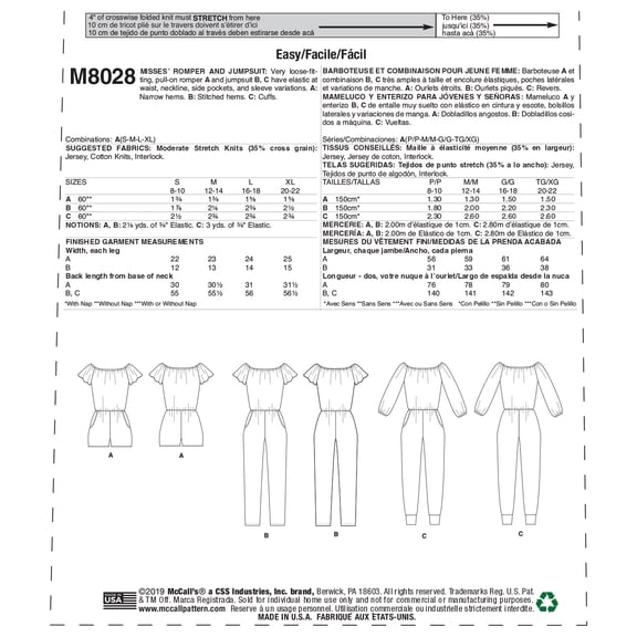 McCall's Pattern: Misses' Romper & Jumpsuit Sizes S-M-L-XL
