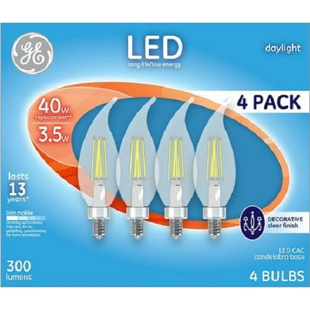 

GE LED Decorative Light Bulbs 3.5 Watt (40 Watt Equivalent) Daylight Clear Finish Candelabra Base Dimmable (4 Pack)