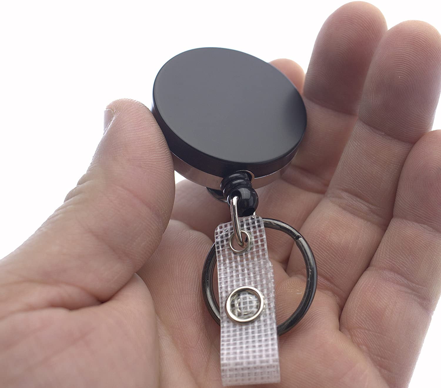 5 Pack - Heavy Duty Retractable Badge Reel with Key Ring - All Metal Construction Card & Key Holders with Thick Nylon Cord, Belt Clip, Reinforced ID Strap & Keychain by Specialist ID (Black / Silver)