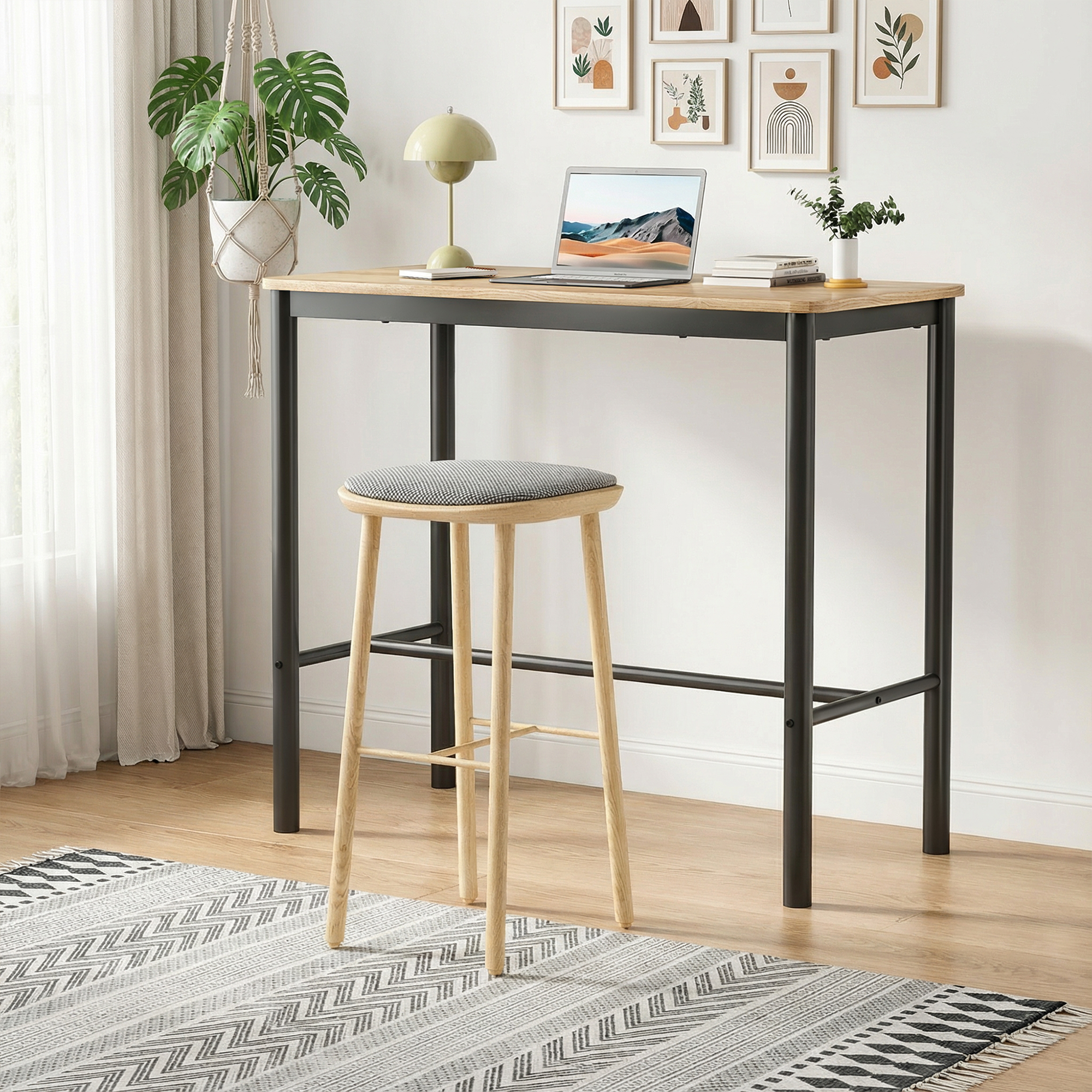 MAYEERTY 47"Counter Height Rectangular Pub Table with Metal Legs & Wood Top, Modern Industrial Design, Brown