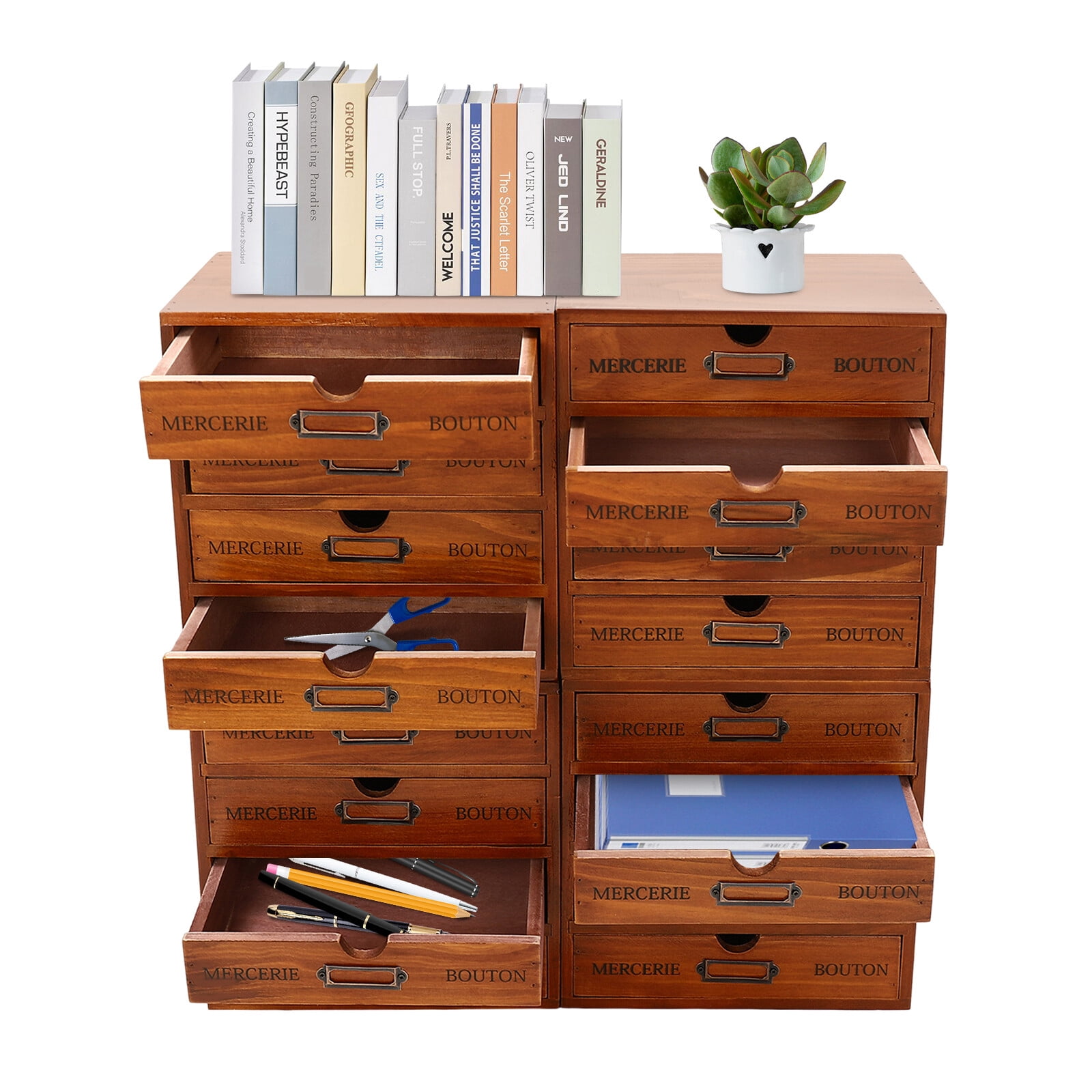 Large Storage Box Cabinet Elegant Wooden File Cabinet with 16 Drawers 4-Slot
