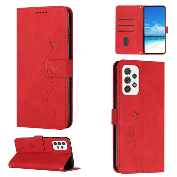 For Samsung A73 Case 5G Wallet Cover, PU Leather Kickstand Credit Card Pocket Slots Wrist Strap Magnetic Folio Heart Patterned Embossed Flip Cover for Samsung Galaxy A73 5G, Red