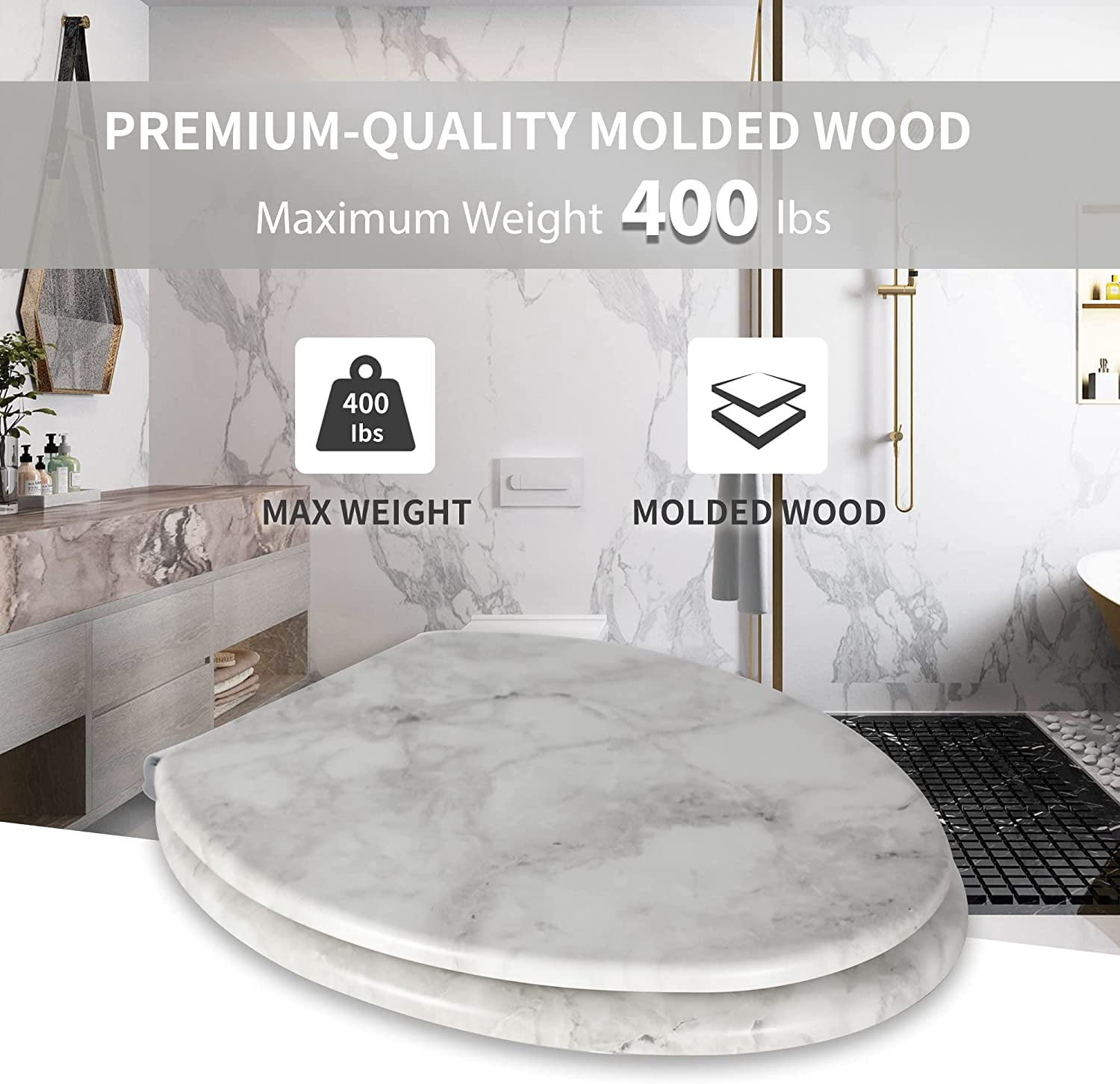 Marble Toilet Seat Durable Molded Wood with Quiet Close,Easy Clean Quick-Release Hinges (Elongated,Gray Marble)
