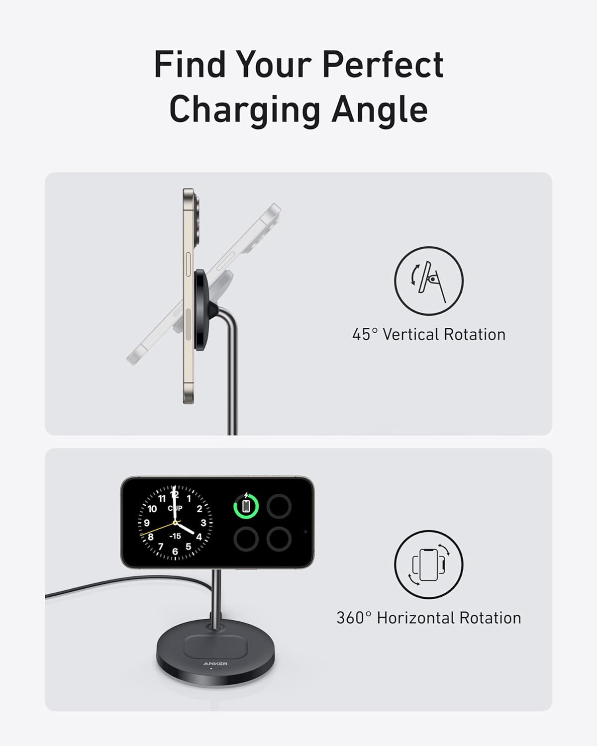 Anker MagSafe Compatible MagGo Charger Stand, 2-in-1 Wireless Charging Station, Qi2 Certified 15W Max Charging, Compatible for iPhone 17/16/15/14/13/12, AirPods Pro (Black, with 40W Adapter)