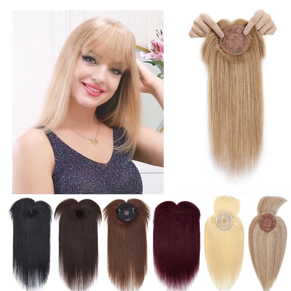 DAPRZIY Hair Toppers for Women Real Human Hair with Bangs 3 Clip In Remy Topper Hairpiece for Thin Hair Natural Looking Hair Extensions 14inch #27 Dark Blonde