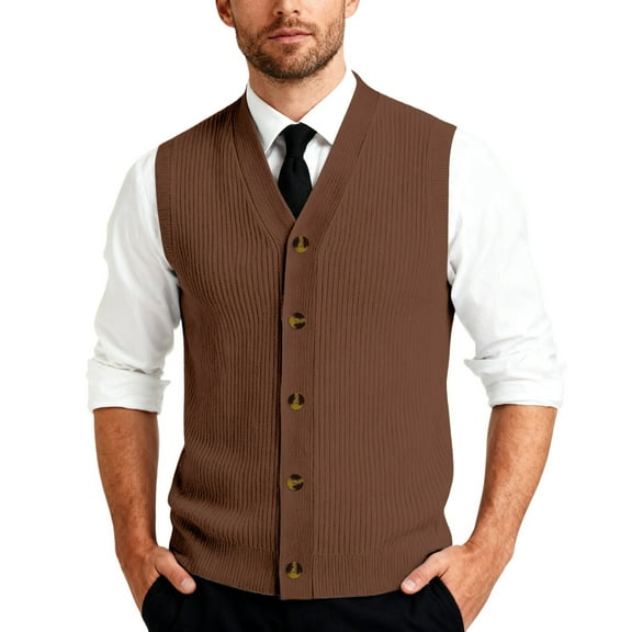 Kixjoy Men's Sweater Vest Casual V Neck Ribbed Sweater Formal Sleeveless Knitted Vest Regular Fit Going Out Stretch Pullovers Sweater, Brown 2XL