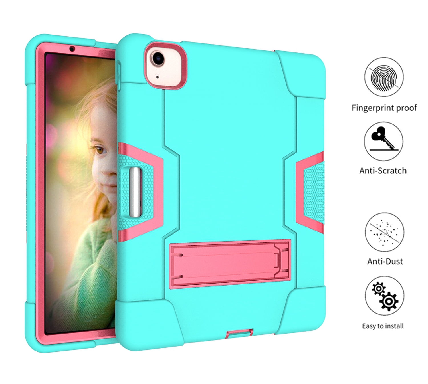 Allytech iPad Air 5 Case 2022, iPad Air 4 Case 2020, Heavy Duty Protection Shockproof Build In Kickstand Pencil Holder Kids Friendly Case for Apple iPad Air 5th 4th Generation, BlackAqua/Rose