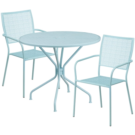 Flash Furniture Commercial Grade 35.25" Round Sky Blue Indoor-Outdoor Steel Patio Table Set with 2 Square Back Chairs