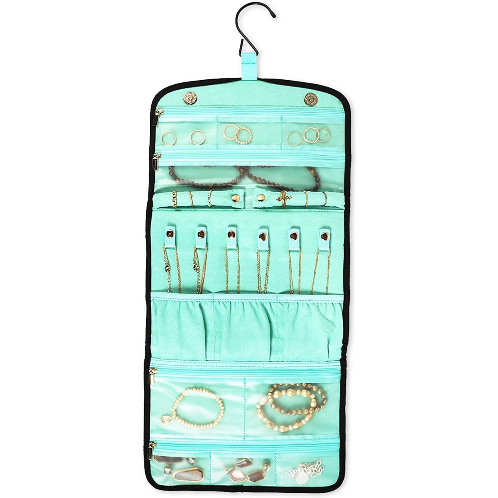 Travel Hanging Jewelry Organizer Roll, Green Fabric Storage Bag for Necklace Bracelet Earring