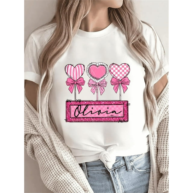 Women's Short Sleeve Crew Neck T-Shirt, Valentine's Day Heart & Candy Print, Casual Sports Style, Polyester 95% Spandex 5%, Medium Stretch Knit Fabric, All Seasons Tee For Adult, Men, Women, Teen, Te