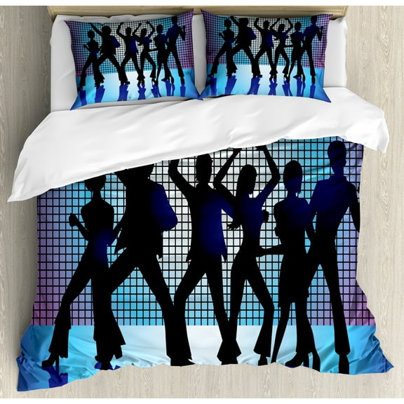 Ambesonne Pale Blue Duvet Cover Set, Dancing Night Club, King, Aqua Black Purple