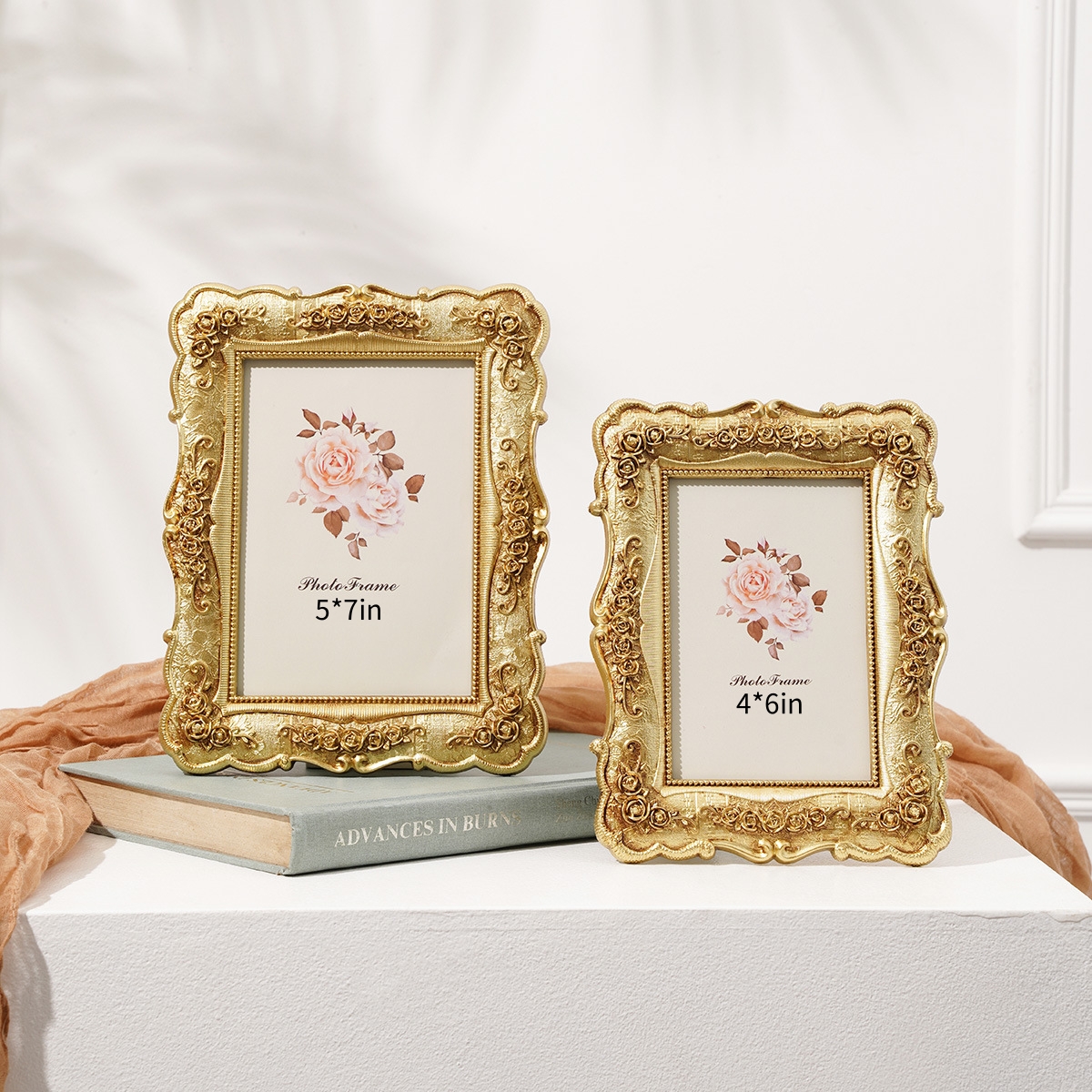 5x7 Vintage Picture Frame, Vintage gold  Flower Textured Hand-Crafted Resin with Glass Front Elegant Retro Vintage Design Photo Frame for Tabletop Display Home Decor(gold)