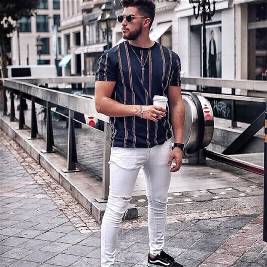 Funic Mens Stripe Summer Casual O-Neck T-Shirt Fitness Sport Fast-Dry Breathable Top Blouse