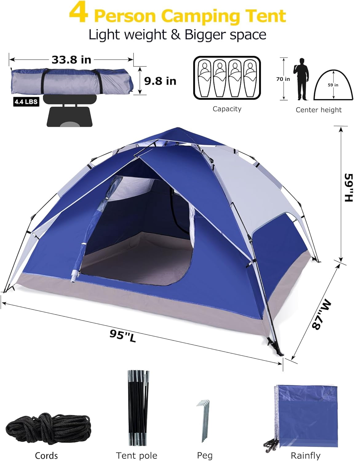 Camping Tents 4 Person Instant Pop Up Tent for Camping Waterproof Cabin Tents for Camp Easy Set up 2 in 1 Family Dome Tent with Rainfly Sun Shelter for Hiking & Traveling & Beach