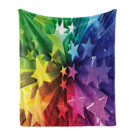 Colorful Soft Flannel Fleece Throw Blanket, Modern Cheerful Design with Burst of Stars in Rainbow Graphic Print, Cozy Plush for Indoor and Outdoor Use, 50" x 70", Multicolor, by Ambesonne