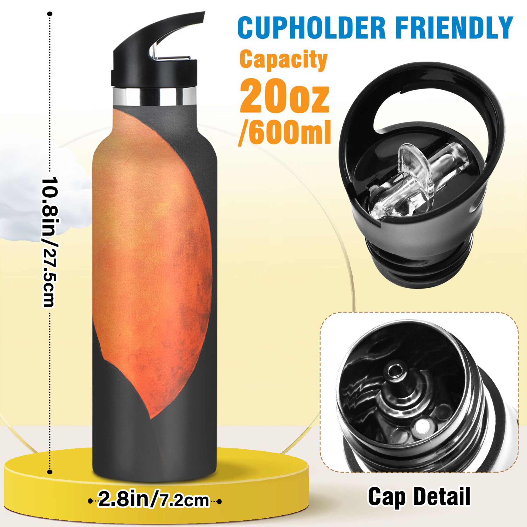 600ML Stainless Steel Insulated Cup Sports Water Bottle Portable Thermos Cup Water Glasses Insulated Tumblers Convenient and Durable Moon Black Cat