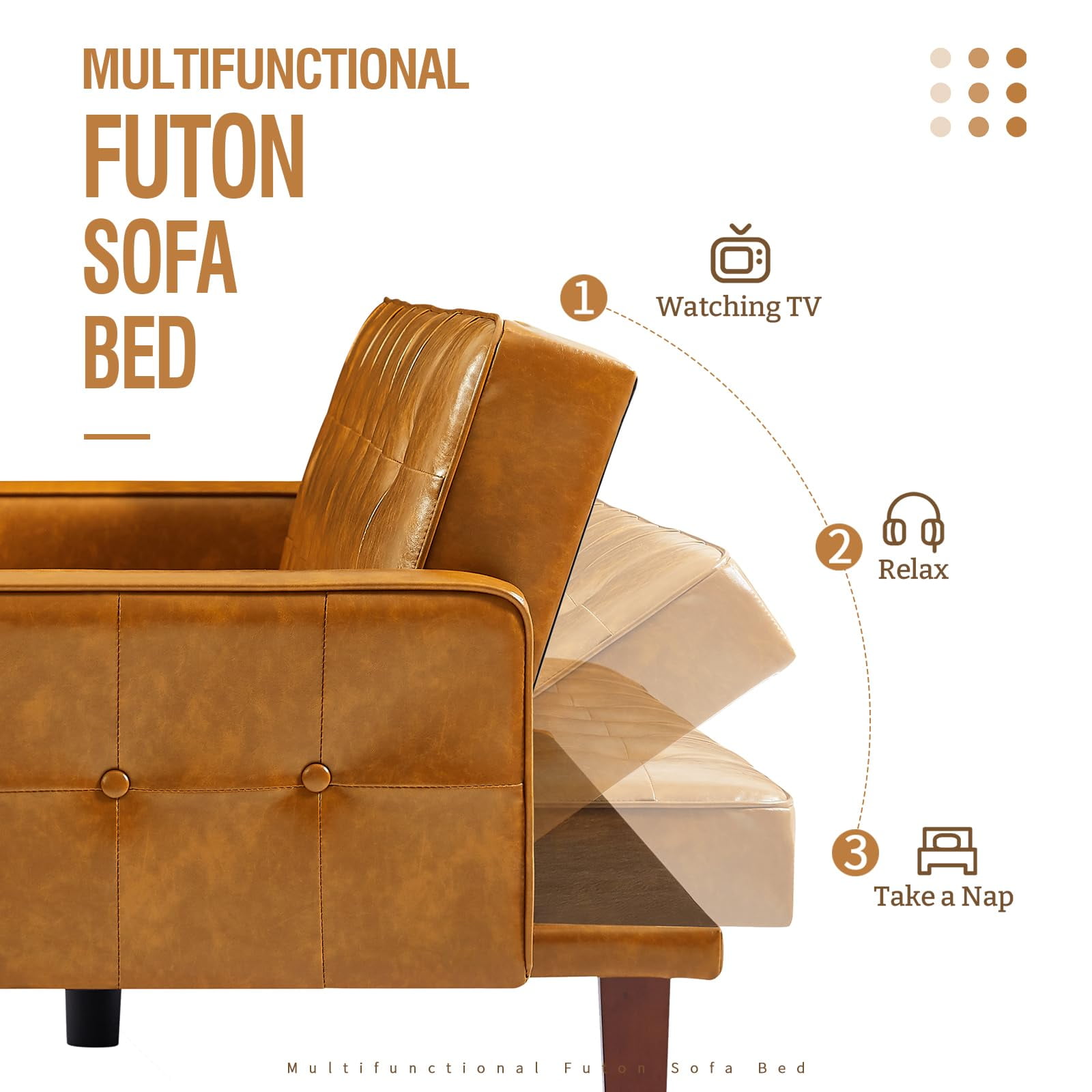 Aukfa 75" Button-Tufted Futon Convertible Sofa Bed for Home Office, Leather, Brown