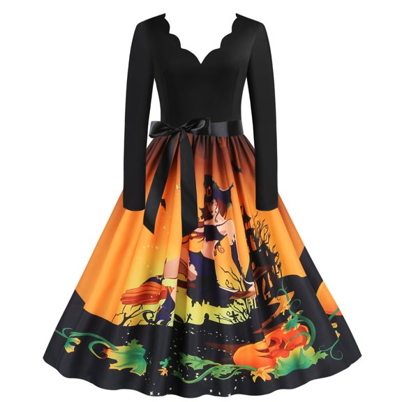 Herrnalise Women's Square Neck Long Sleeve Black Patchwork Printed Vintage Swing Midi Dresses