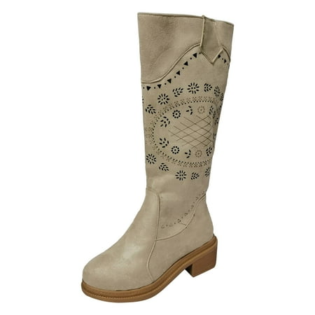 DVKOVI Rave Shoes Women Cowboy Boots for Women Mid Calf Fall Women s Boots Hollow Embroidery Thick Heel Side Zipper Boots Western Mid Calf Boots Low Heel Cowboy Boots for Women White 38