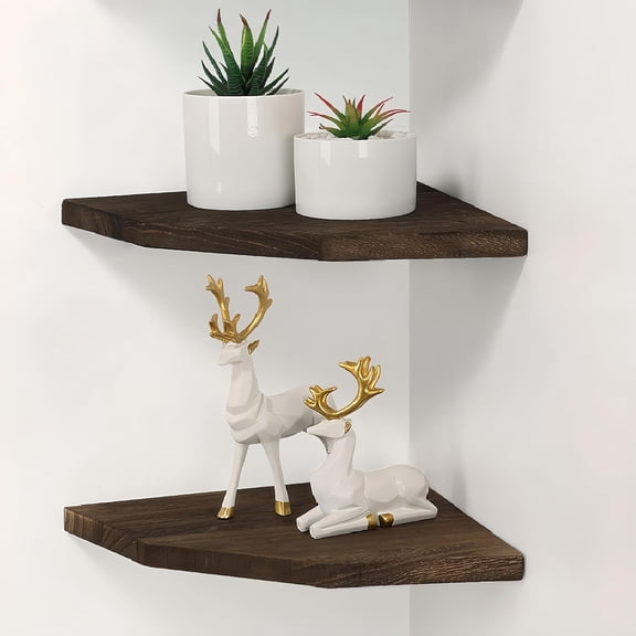 Wood Corner Wall Shelves Set of 2, Solid Floating for Wall, Round End Mounted Shelf Bedroom, Living Room and Kitchen. (Brown-10 inch)