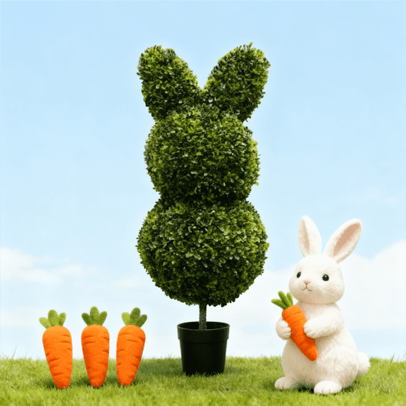 35.4in Easter Bunny Artificial Topiary - Potted Faux Greenery Decor, Easter Holiday Accent for Home, Patio Garden Seasonal Ornaments Indoor & Outdoor