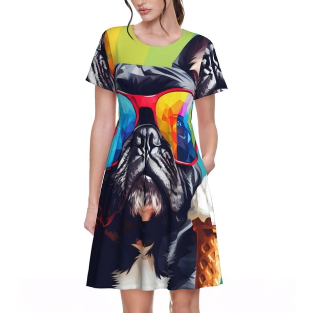 Fotbe Rainbow Bulldog Sunglasses Vestido Largo de Moda para Mujer, Vestido Tipo Camiseta con Manga Corta y Estilo Casual a Rayas y Bloques de Color