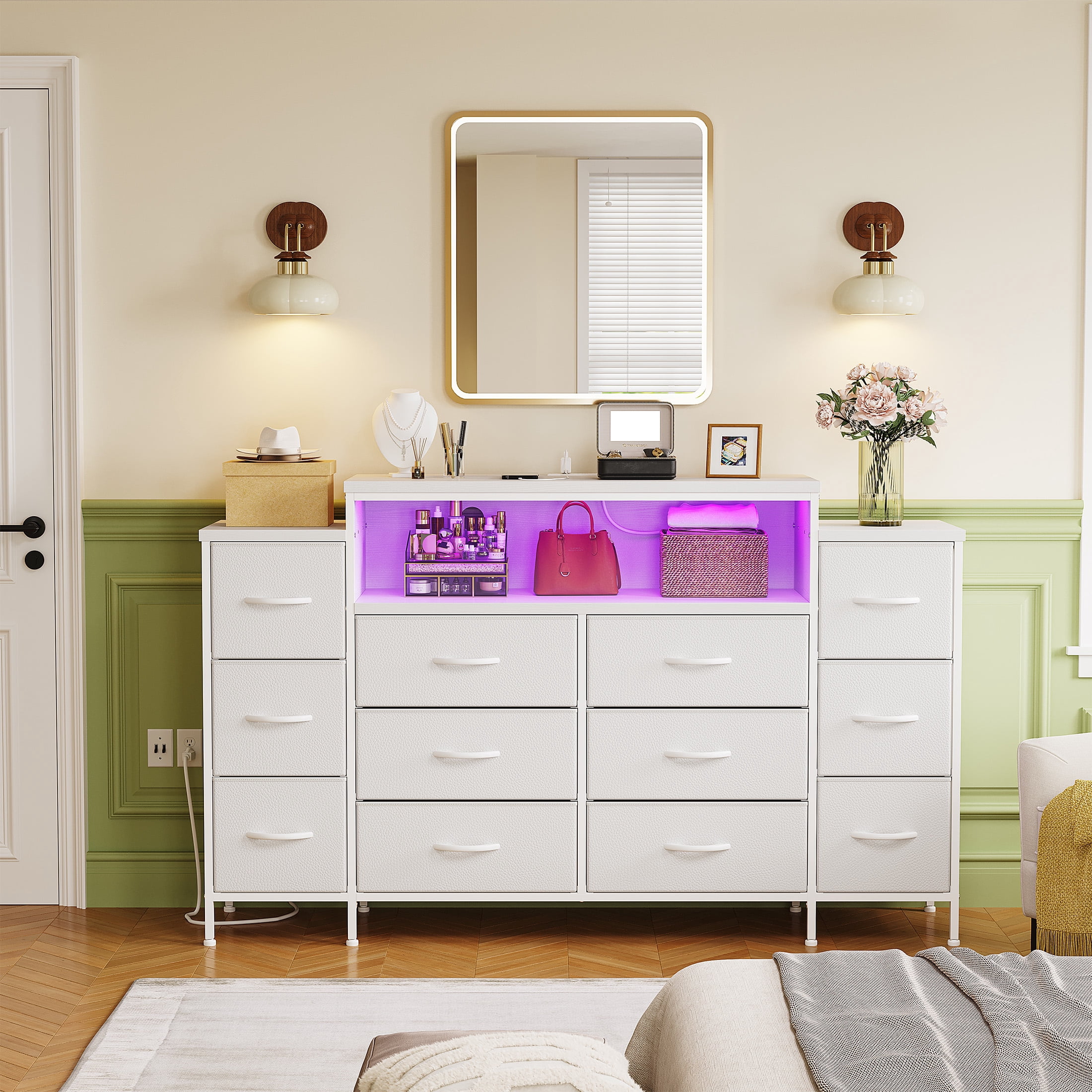 EnHomee White Dressers for Bedroom with 12 Drawer Fabric Dressers with LED lights & Power Outlet,55"W x 11.8"D x 33.5"H