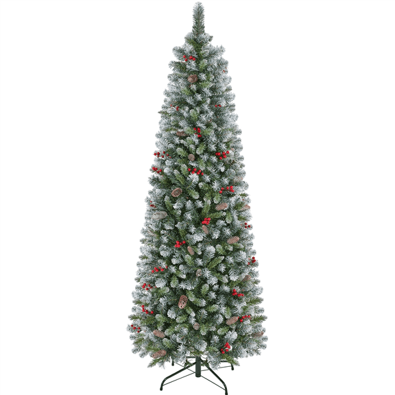 Alden Design 6Ft Slim Pre-lit Frosted Artificial Christmas Tree with Stand and Warm White Lights, Green