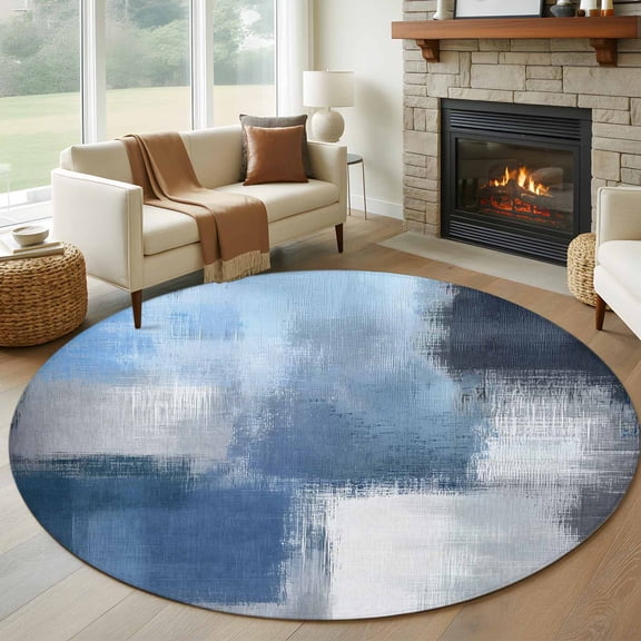 Navy Blue Ombre Round Area Rug 5 FT, Non Slip Bedroom Area Rug, Modern Oil Painting Geometric Washable Soft Circular Carpet Non-Shedding Floor Mat for Kitchen Dining Room Foyer Balcony Dorm