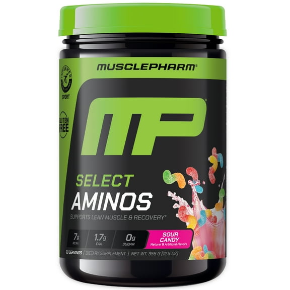 Muscle Pharm Select Aminos -EAA   BCAAs, Post Workout Essential Amino Acids Powder, Pre Workout Energy Supplement for Men & Women with Branched Chain Amino Acids, 30 Servings, Sour Candy Flavor