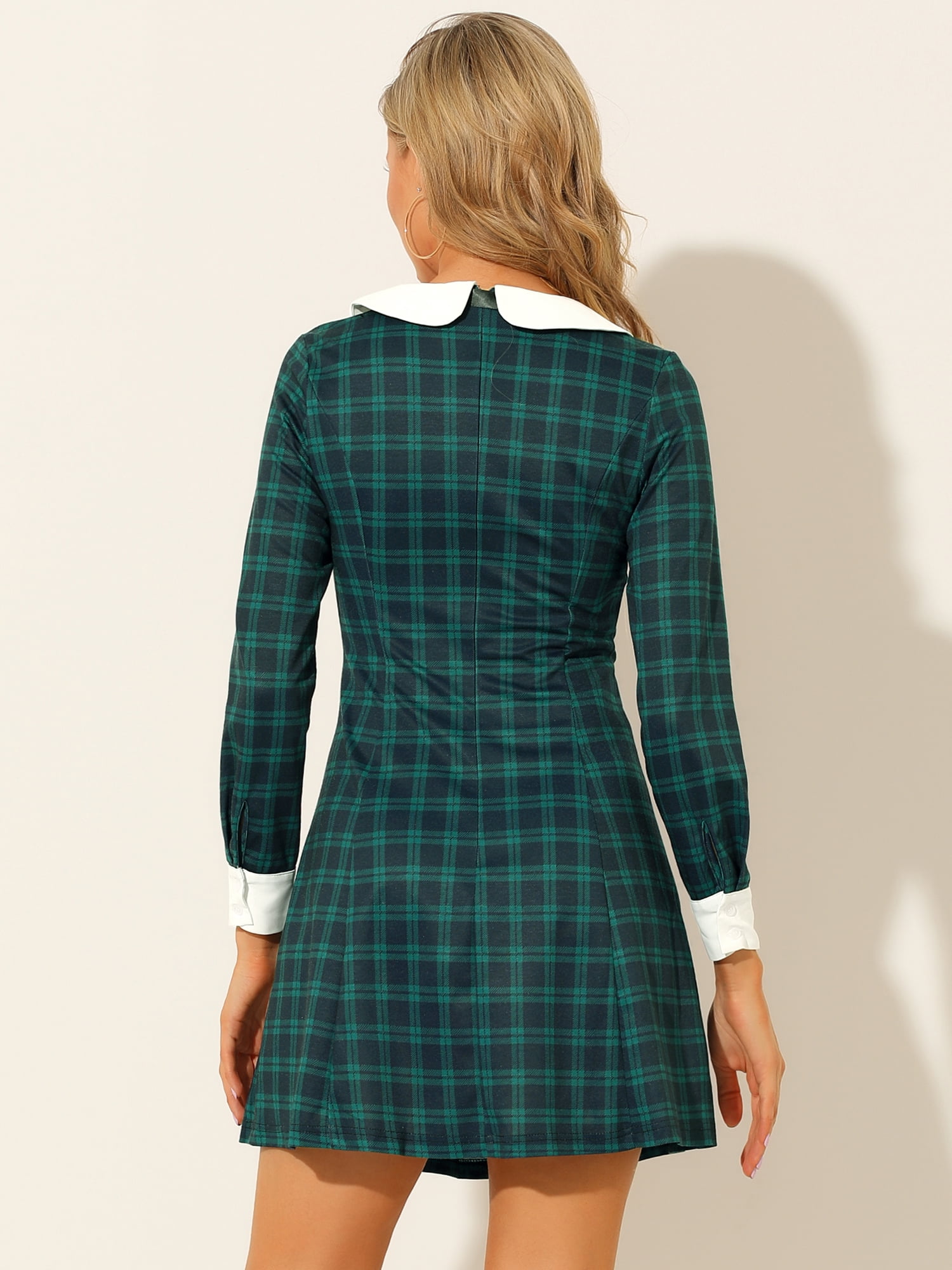 DARING DIVA Contrast Peter Pan Collar A-Line Plaid Dress S Green