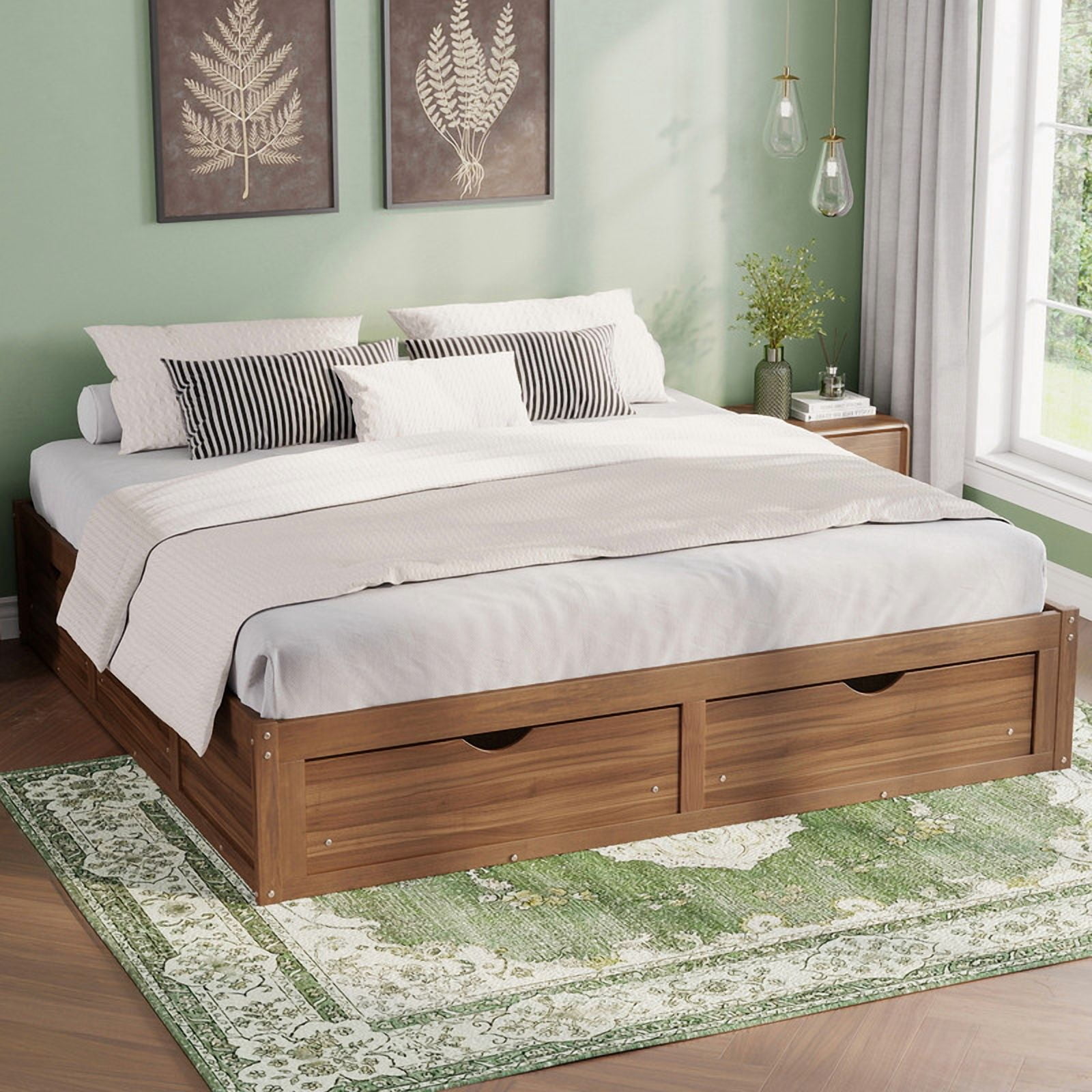 Queen/King Size No Box Spring Required Platform Bed with No Headboard, Wooden Storage Bed Frame with 6 Drawers