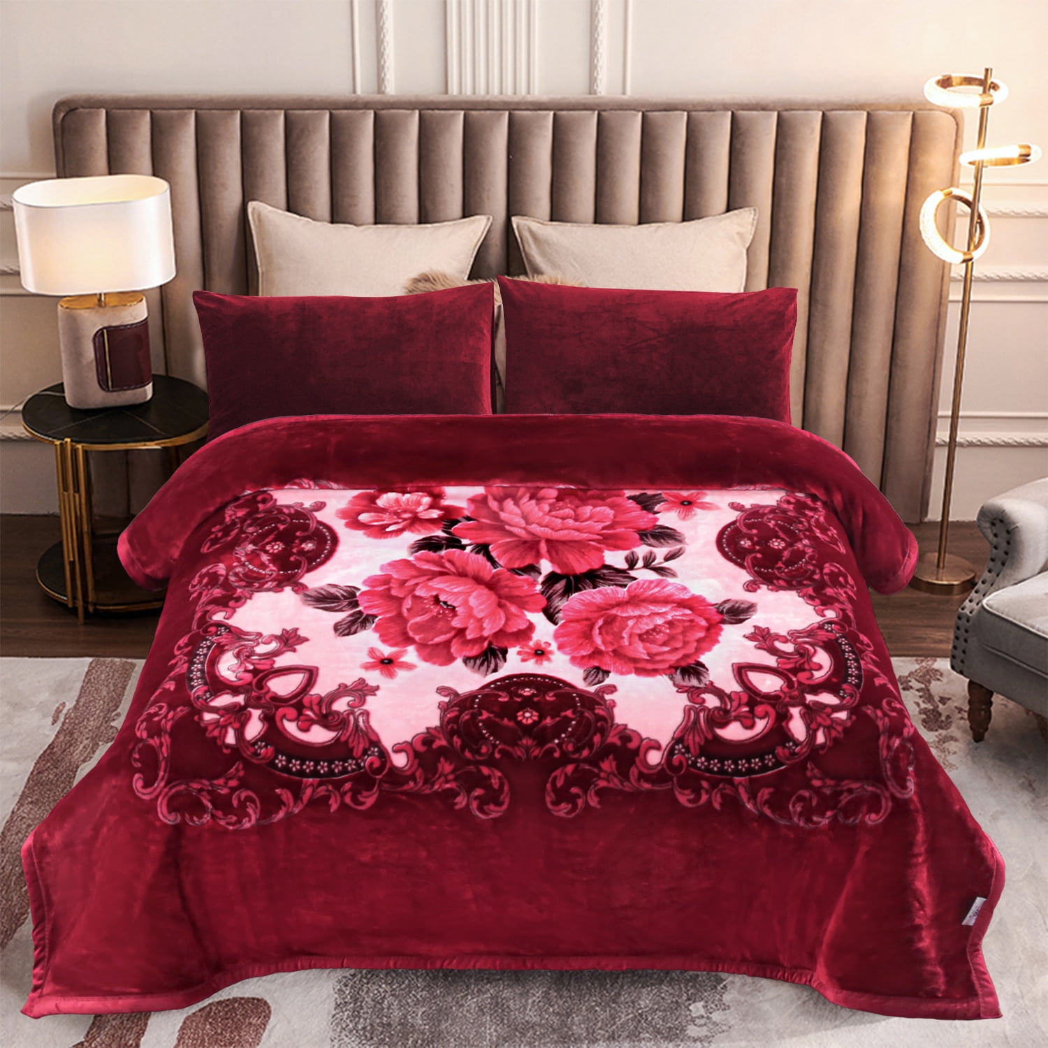 MERRY HOME King Size Fleece Blanket For Bed, A & B Patterns Soft Warm Floral Blanket, Microfiber Plush Middle Weight Bed Blanket For All Season, Red Background Pink Peony/Peony, 5.7LB, 83"x91"
