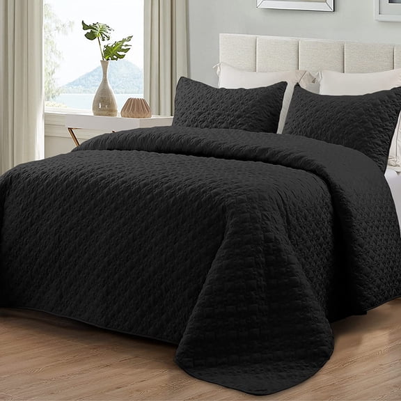 Quilt Set King Size, Soft Microfiber Lightweight Bedspread Coverlet Bed Cover (Diamond Pattern) for All Seasons, Black, 3 Pieces (Includes 1 Quilt, 2 Shams)