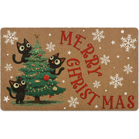 SXFVHN Funny Black Cat Xmas Tree Door Mat, Merry Christmas Snowflake Artificial Coir Front Door Mat Indoor Outdoor Entrance, Cute Winter Holiday Doormat Rug for Porch Entryway Patio Decor  30x17"