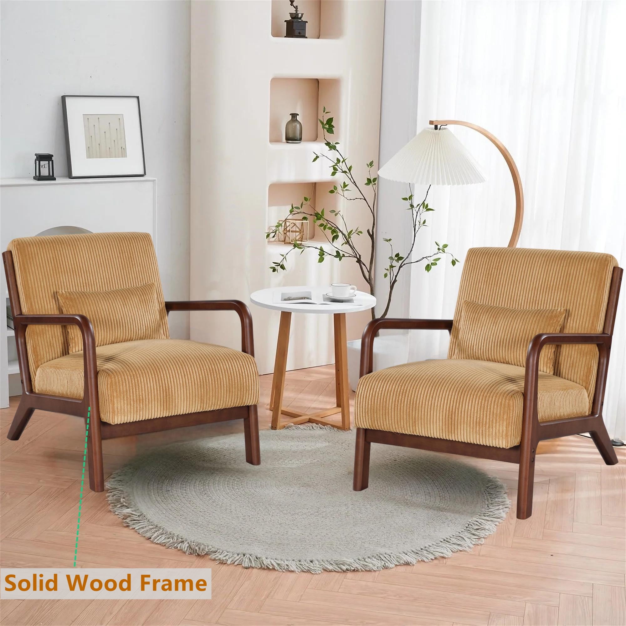 Aukfa Corduroy Mid Century Modern Accent Chair w/ Wood Frame&Pillow for Living Room, Yellew