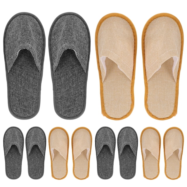 EeaseMX 6 pares de pantuflas desechables de lino antideslizantes con estampado de hojas de sauce para hoteles, salones de belleza y casas de familia (3 pares en amarillo y gris)