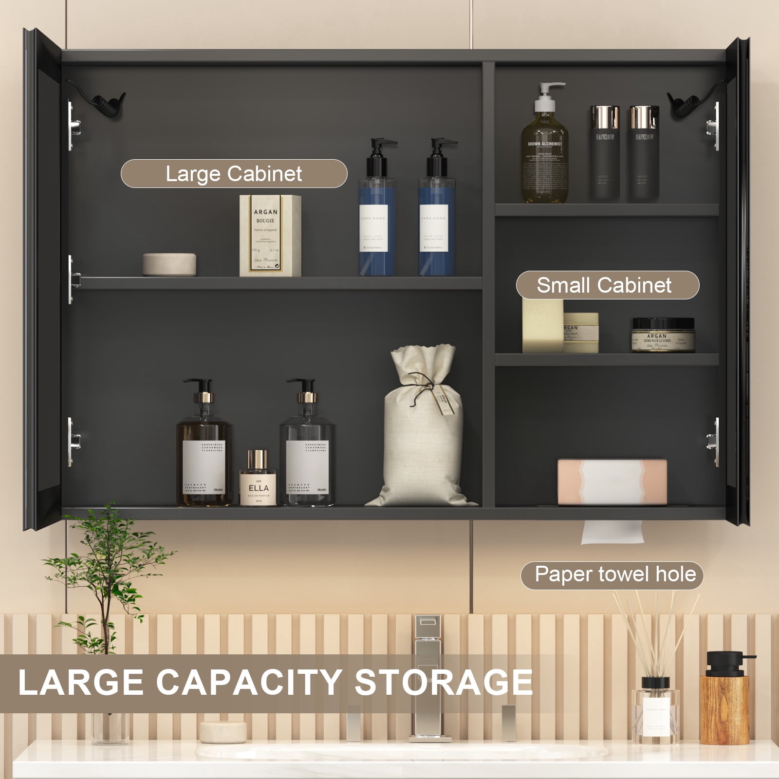JBLCC LED Medicine Cabinet with Mirror, Wall-Mounted Bathroom Mirror Cabinet, Anti-Fog Touch Sensor Storage Organizer with 5 Shelves, 39.37"x23.62", Black